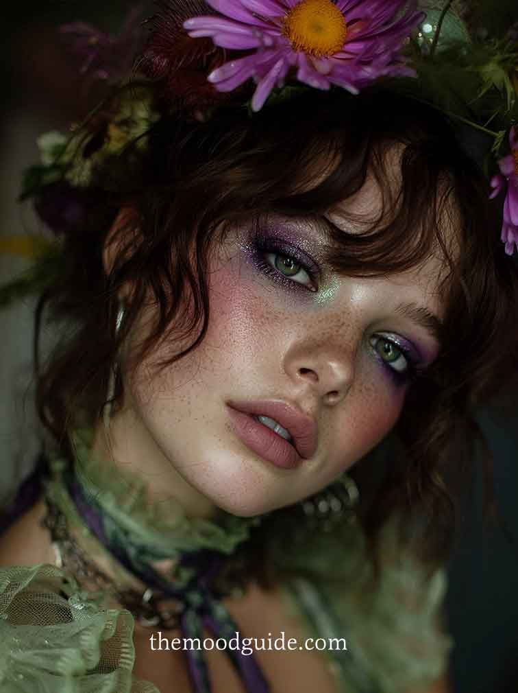 green and purple with gold makeup
