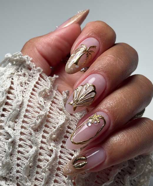 gold and white tropical beach summer mermaid nail art design