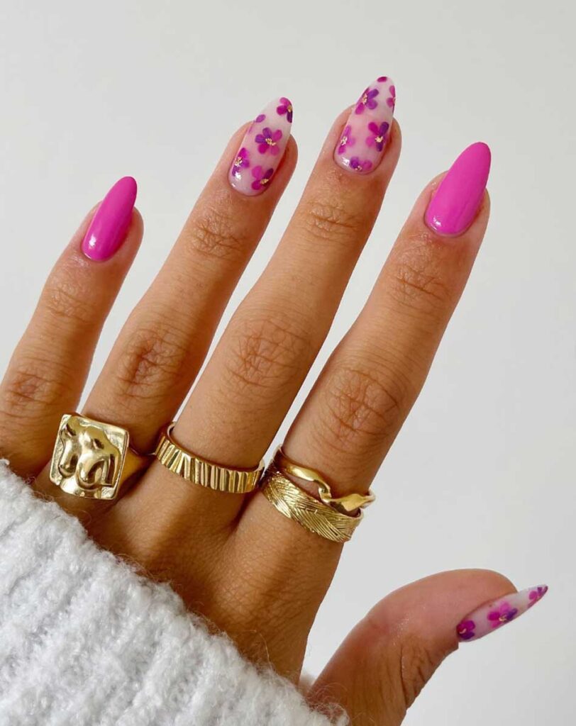 hot pink flower nail design for spring