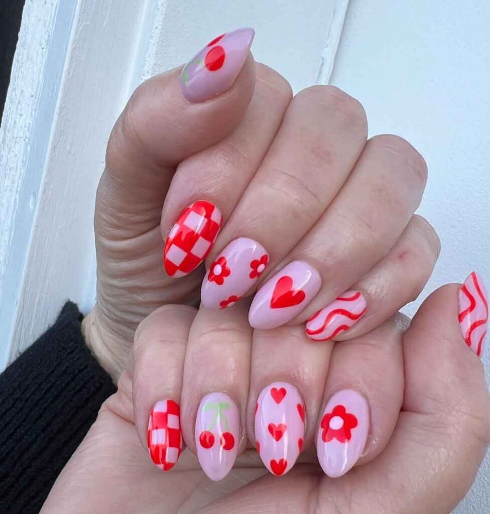 pink nails with flowers and red for spring