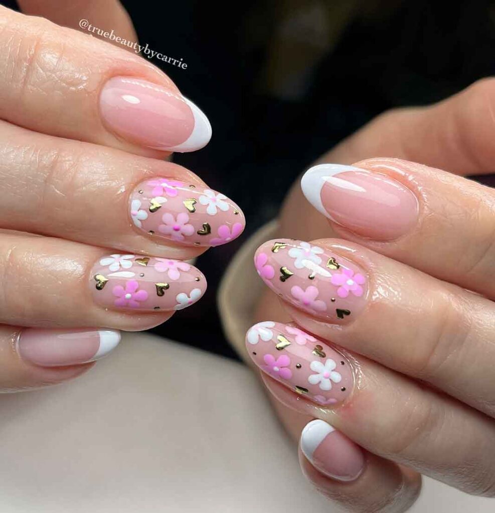 white pink gold floral nails
