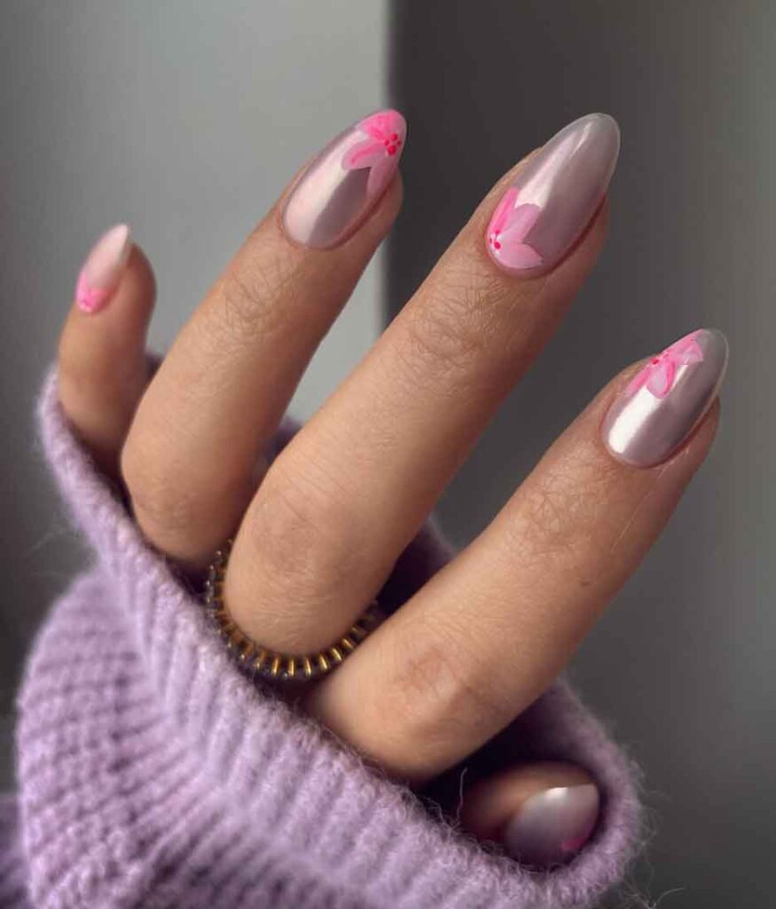 nail art pink with flower and chromed nails