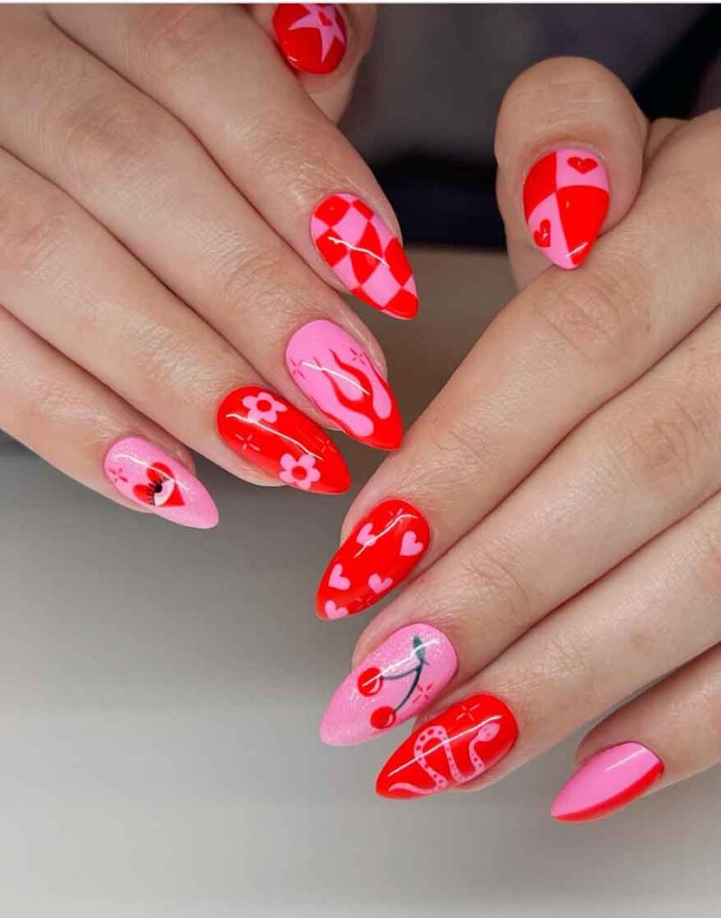 pink and red summer nails with flame, heart and floral art