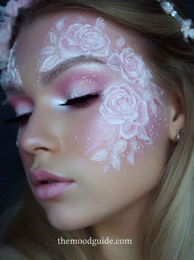 pink and white floral fairy makeup