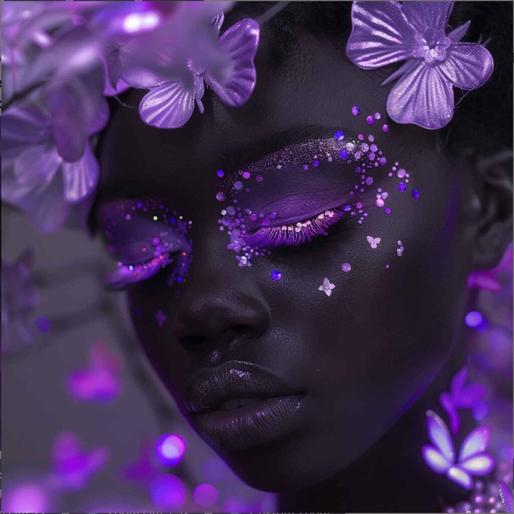 purple fairy makeup on black skin