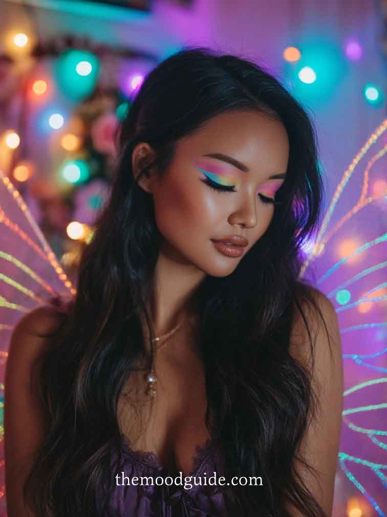 fairy aesthetic eye makeup with pink yellow and blue eyeshadow on asian woman