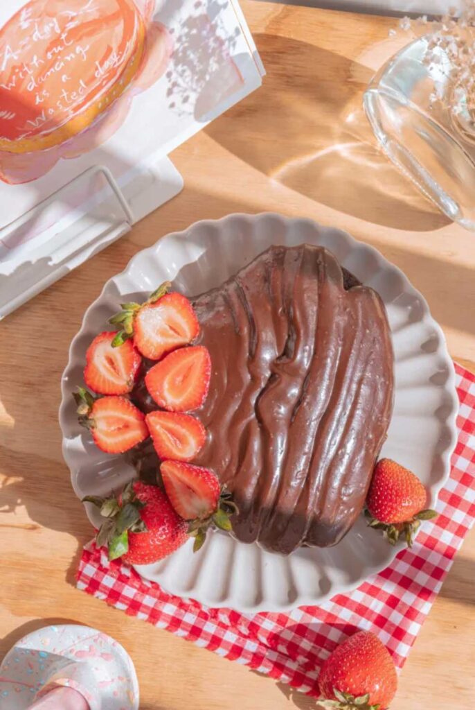 aesthetic heart shaped chocolate cake, perfect for valentines day dessert or treat