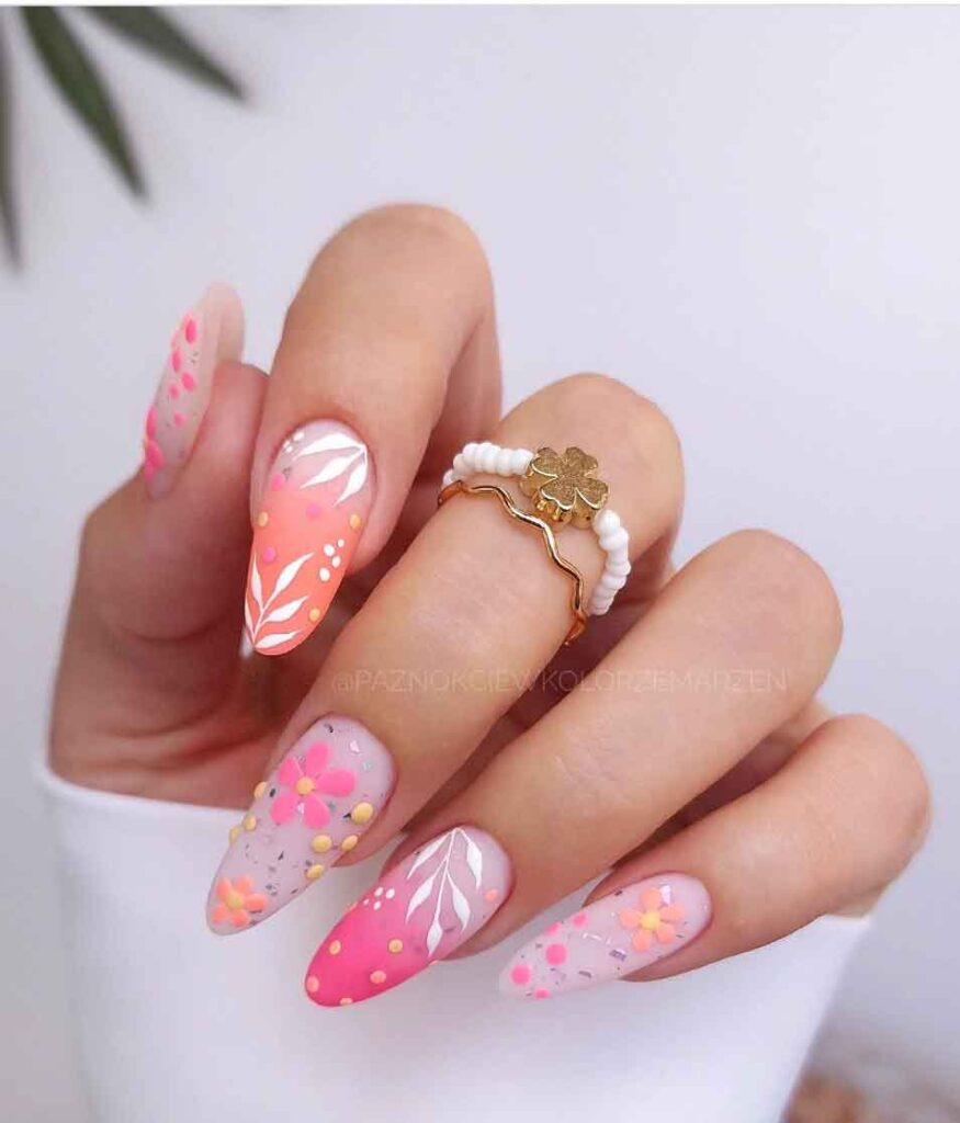 pink orange and yellow flower nail design