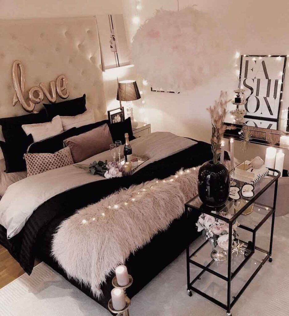 black and white luxury glam bedroom decoration with fairy lights