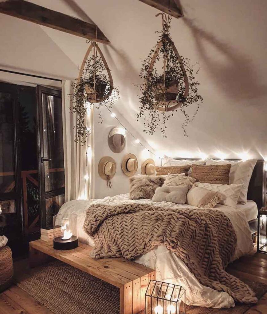 boho adult bedroom decor with hipster string lights