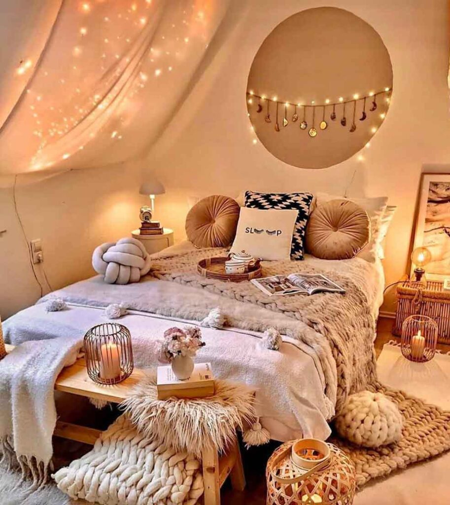 boho bedroom decor with moon phases string and fairy lights