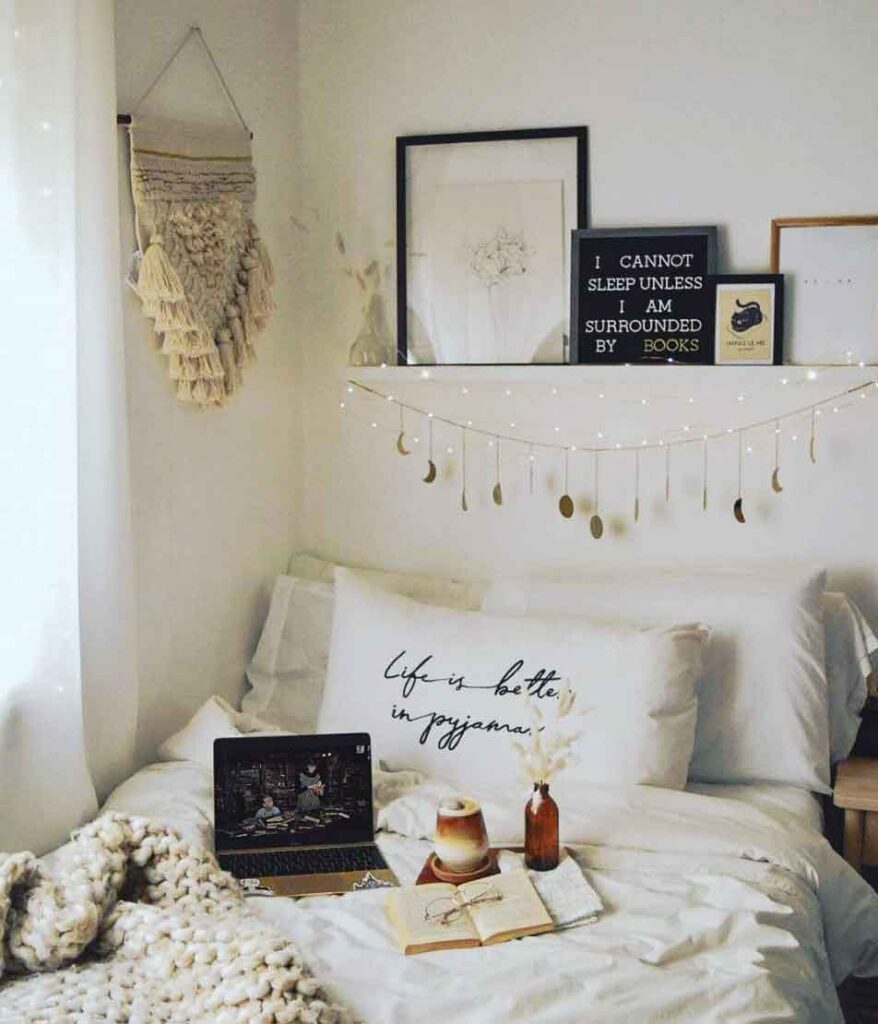 boho bedroom decor with moon string and fairy lights