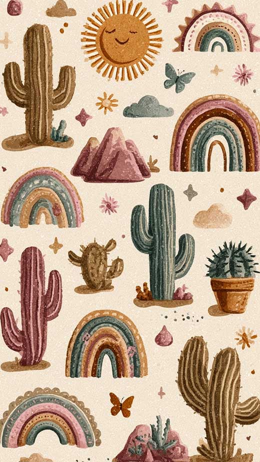 cute boho western cactus montains and sun summer wallpaper for iphone