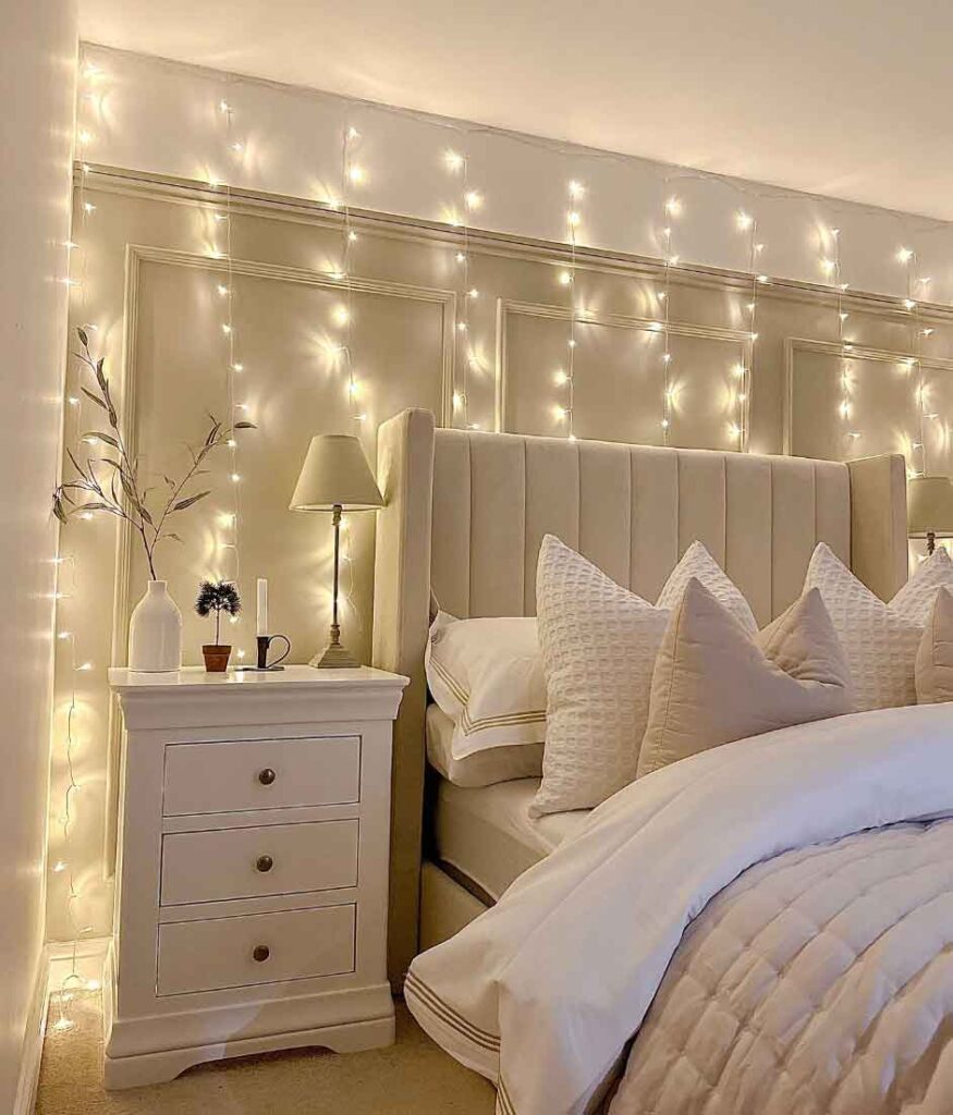 luxury all white bedroom decor with fairy lights