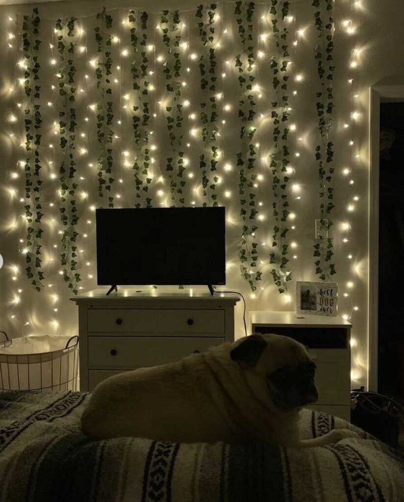 curtain wall of fairy lights with vines decor in the living room