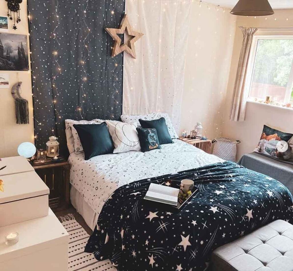 ravenclaw aesthetic bedroom decorated with fairy lights