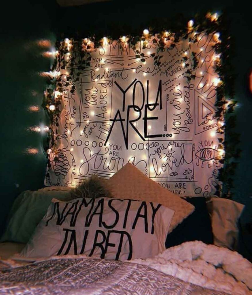 indie bedroom decor with fairy lights