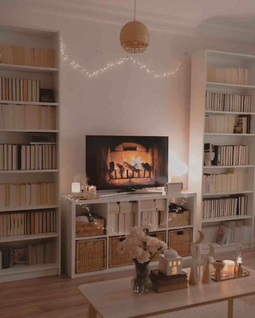 light academia aesthetic living room decor with fairy lights and neutral bookshelves