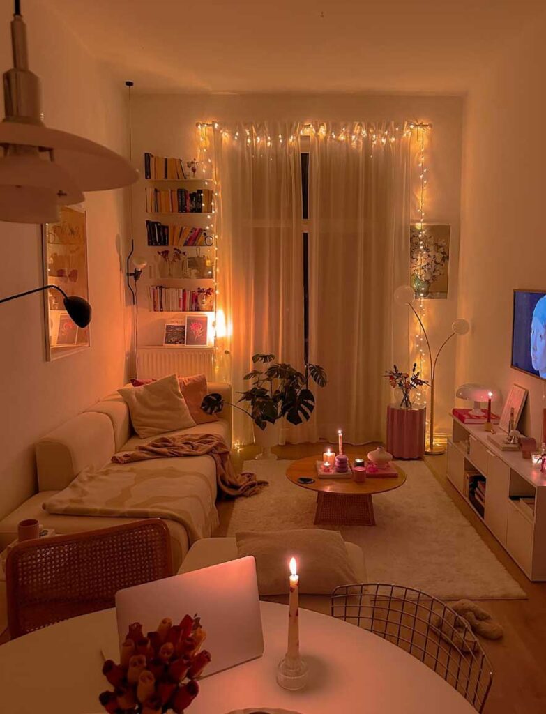 modern cozy and small aesthetic living room decor with fairy lights on curtain