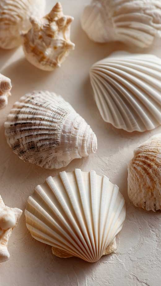 minimal summer aesthetic wallpaper with seashells on beige and white sand