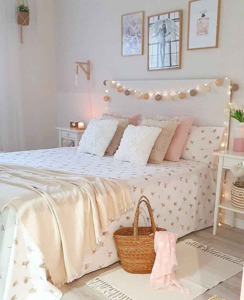 pretty girly and simple bed decoration with fairy lights