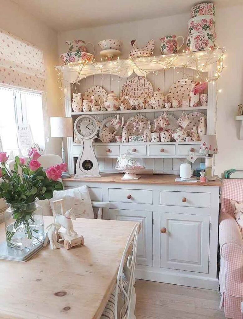 shabby chic vintage  dining room decor with fairy lights