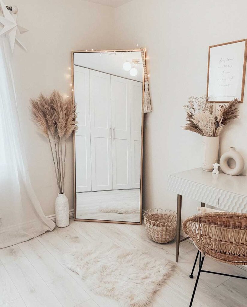 simple minimal beige boho bedroom decor with fairy lights