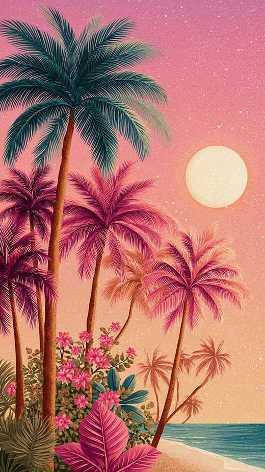 pink and orange retro summer aesthetic tropical beach with palm leaves wallpaper for iphone
