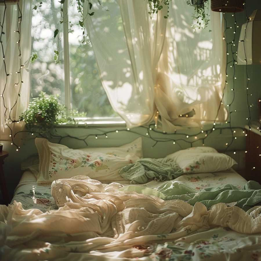 fairy aesthetic green bedroom with fairy lights