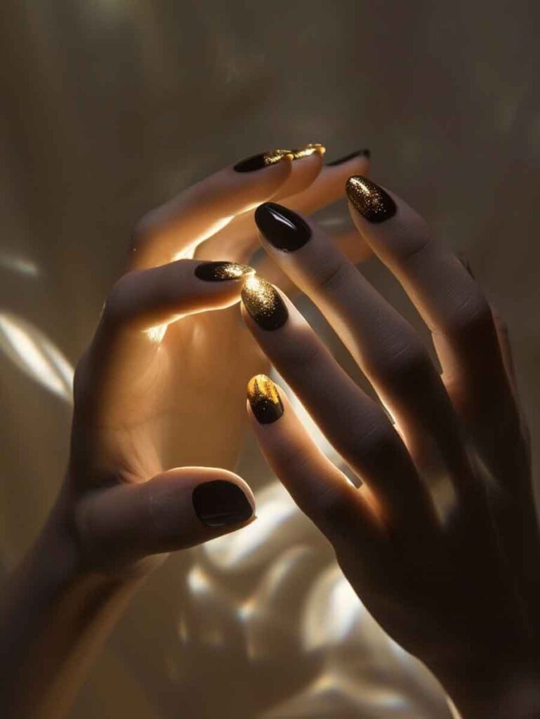 aesthetic black and gold nail art