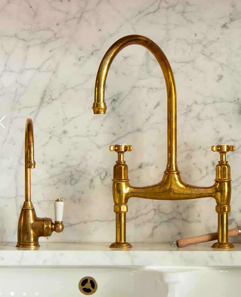 marble light academia kitchen  brass aged tap