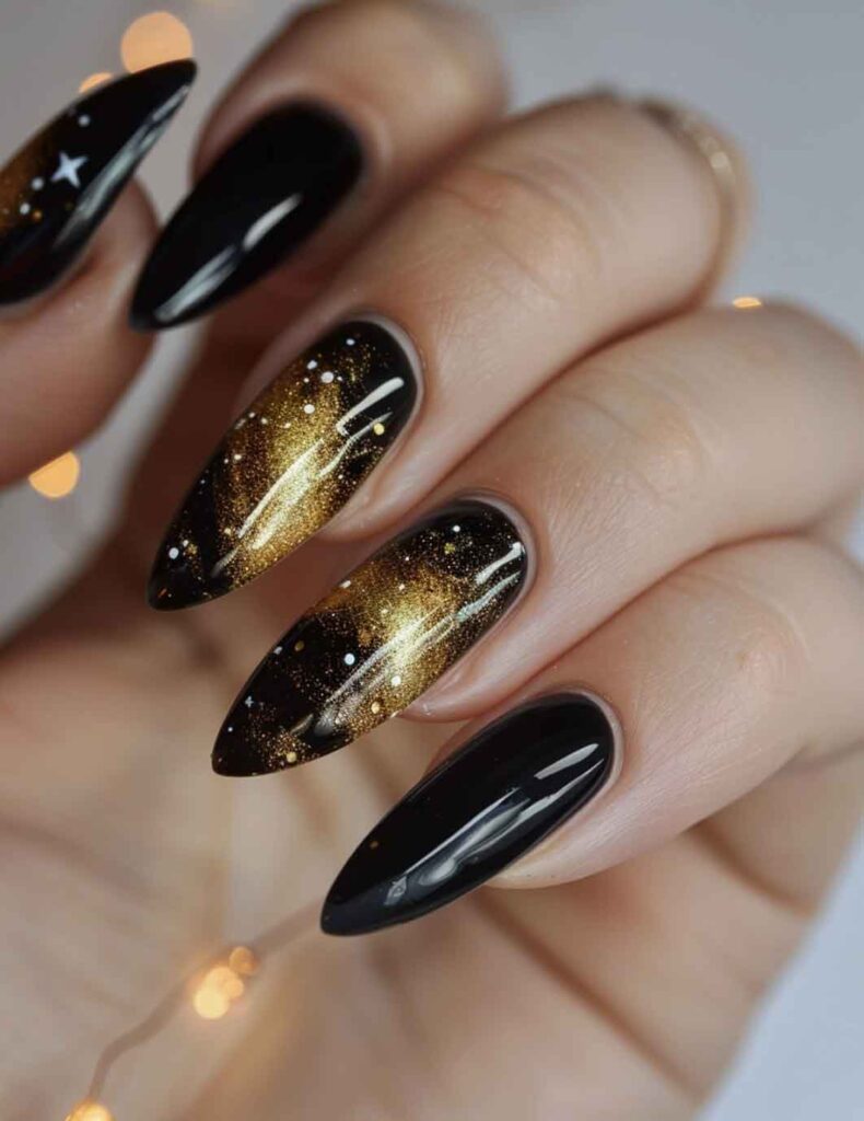 gold and black galaxy nails