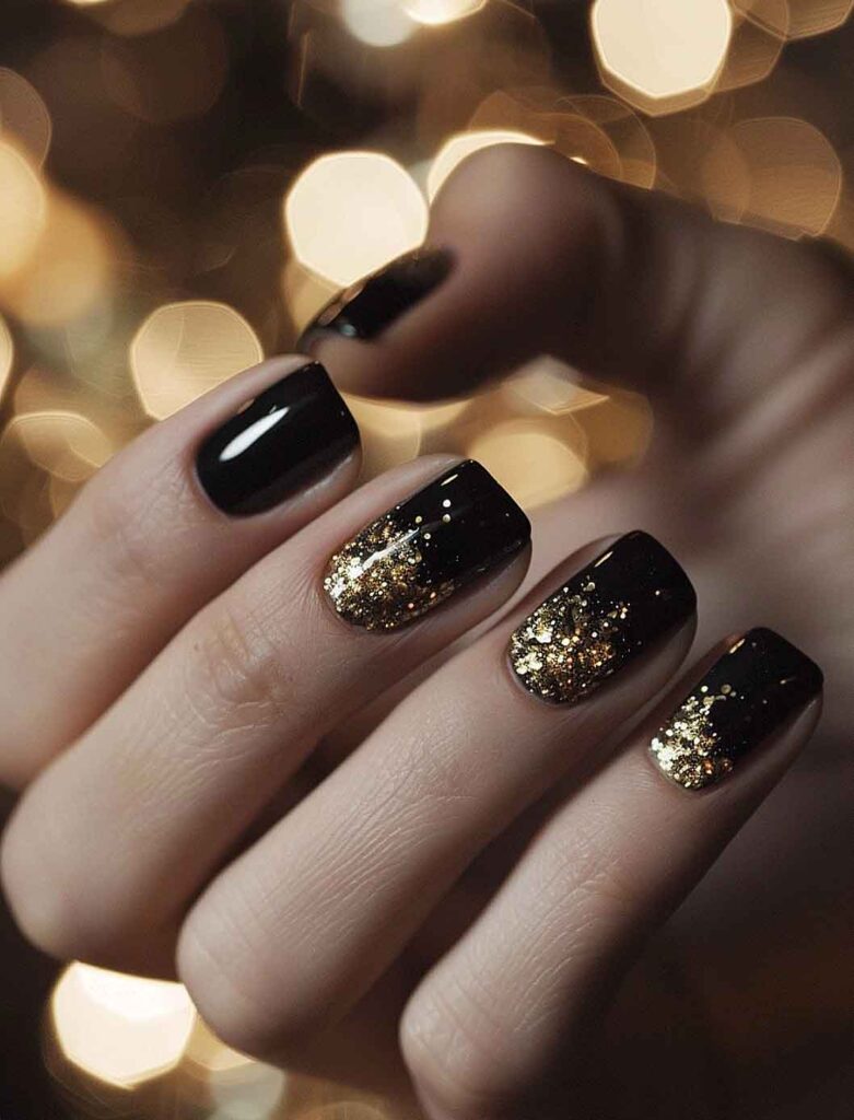 glittery gold and black nails idea
