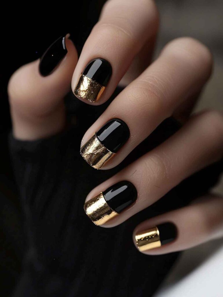 shot square luxury aesthetic black and gold nails