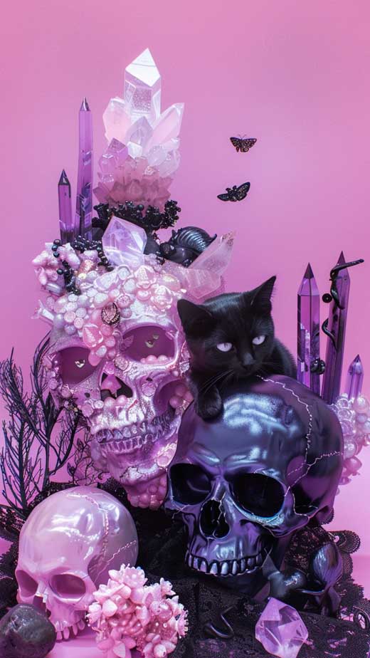 pastel goth black cat and skull black and purple wallpaper for iphone