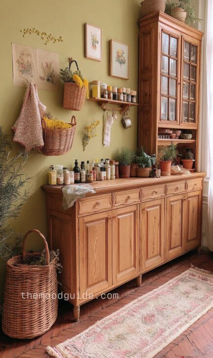 Olive green cottagecore kitchen wall