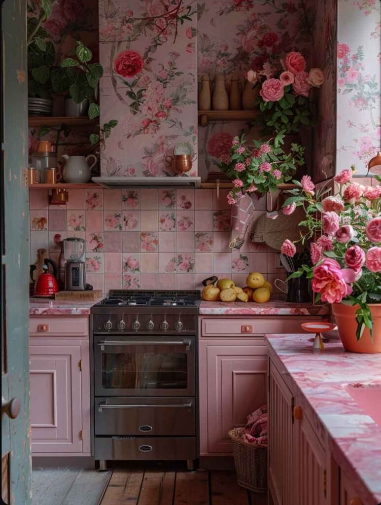 pink shabby cottagecore kitchen with floral tile decoupage and pink marble countertop