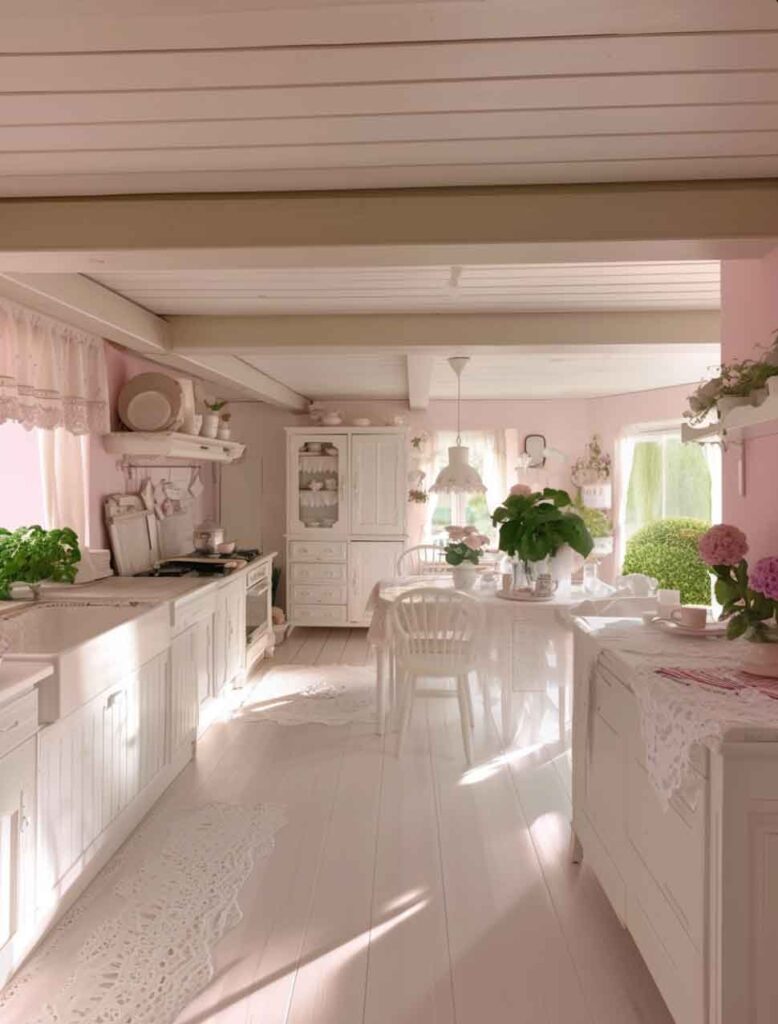 shabby chic cottagecore pink and white rustic farm kitchen