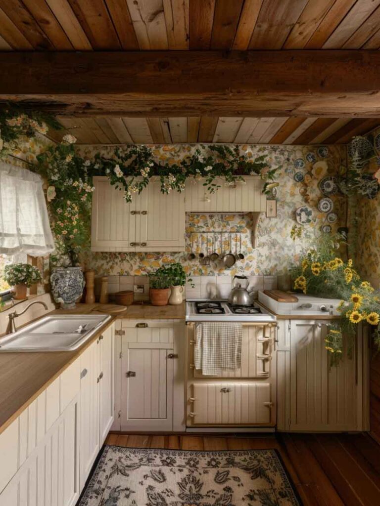 vintage farmhouse beige cottagecore kitchen with floral wallpaper