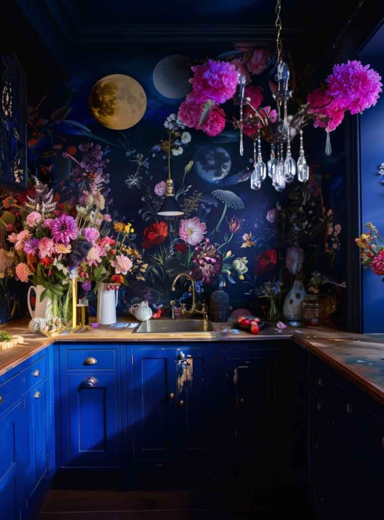 royal blue dark cottagecore kitchen