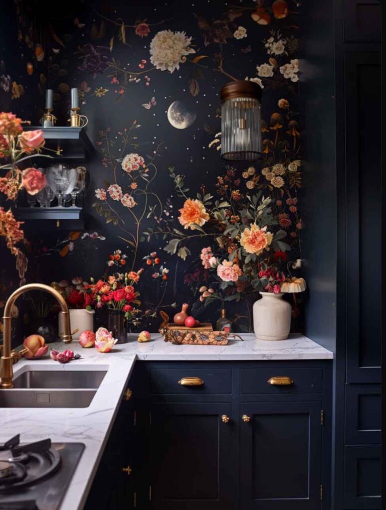 modern dark cottagecore kitchen with marble countertop, vintage tap and dark floral wallpaper.