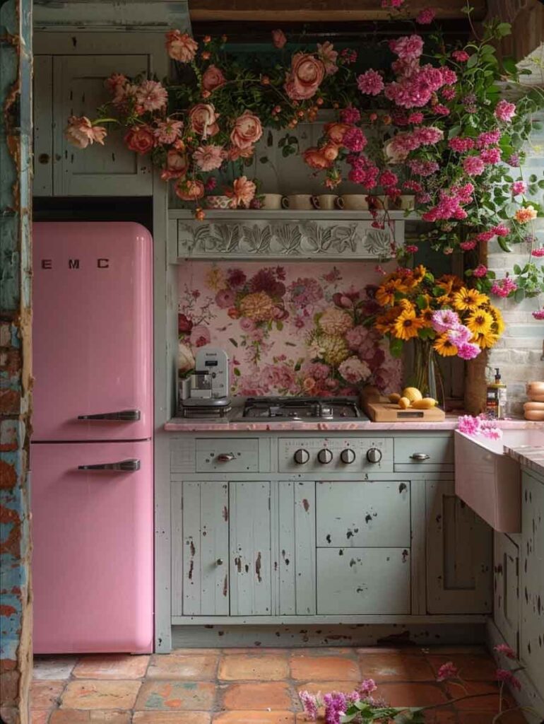 aesthetic kitchen cottagecore rustic green and blue with pink smeg fridge