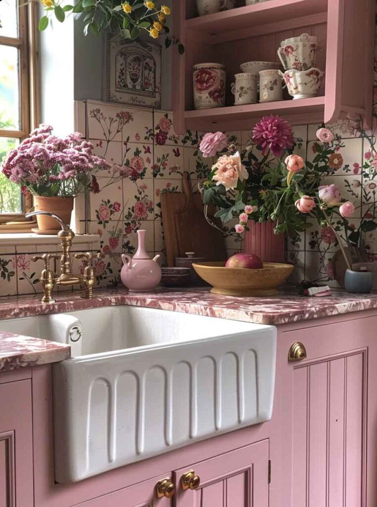 pink shabby cottagecore kitchen with floral tile decoupage and pink marble countertop