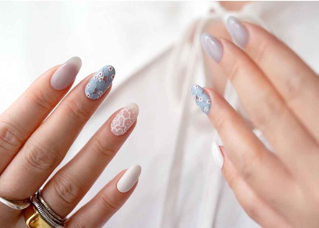 light blue and white sakura cherry blossom nails design aesthetic for wedding bride