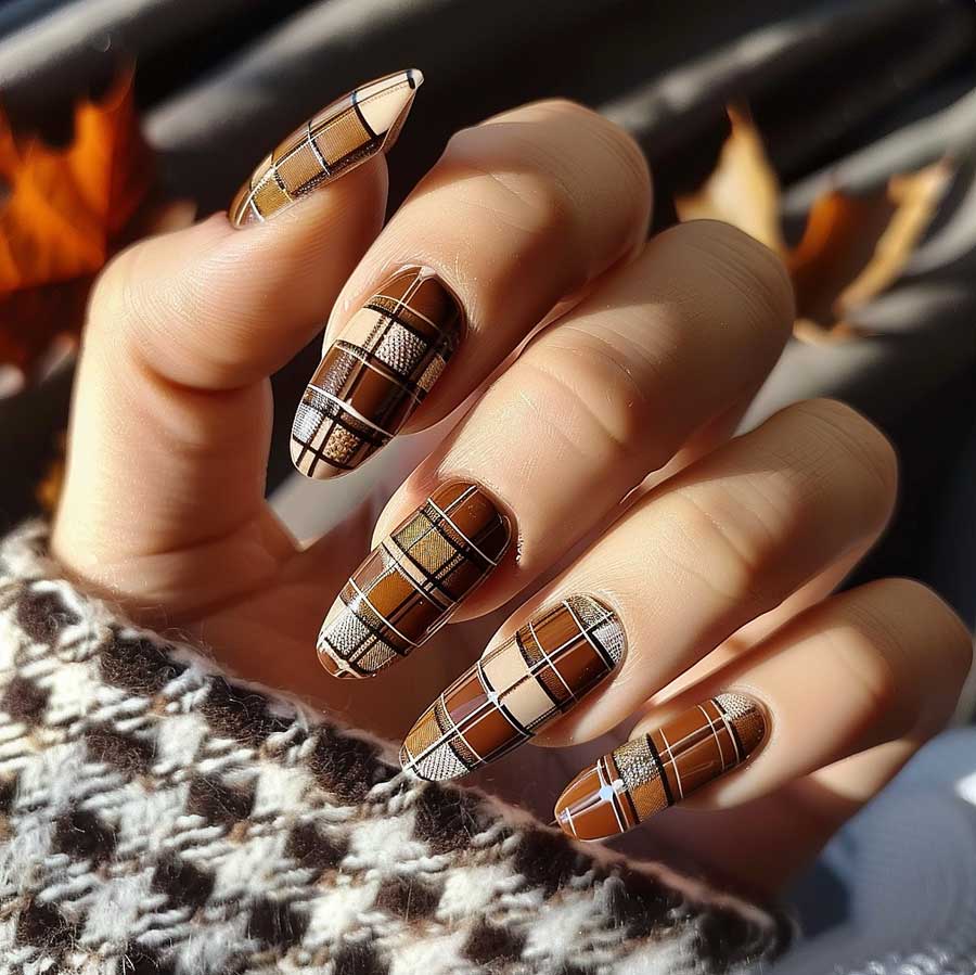 classic dark academia aesthetic nail design. Checkered, on long nails