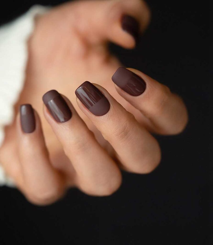 elegant chic fall dark academia brown nails with matte finish