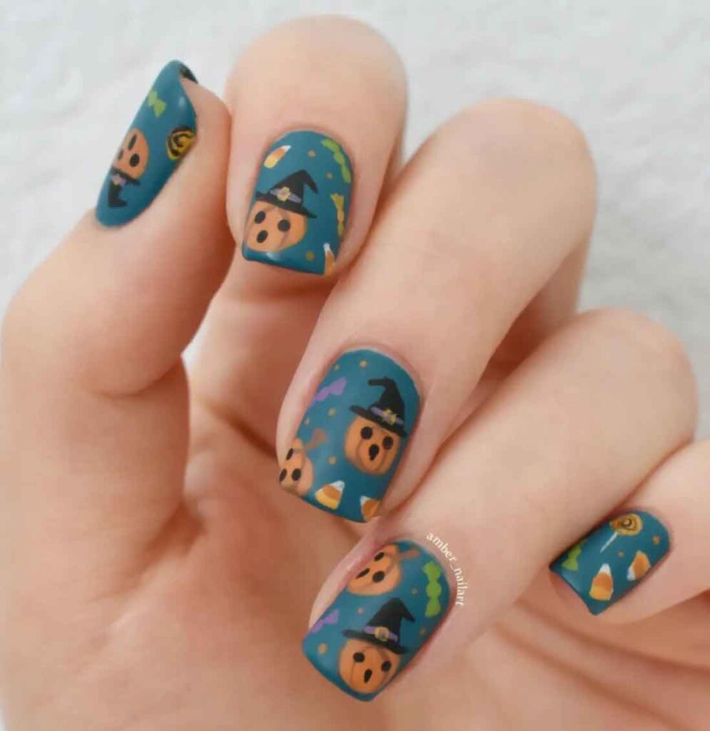 teal and orange short square halloween nails