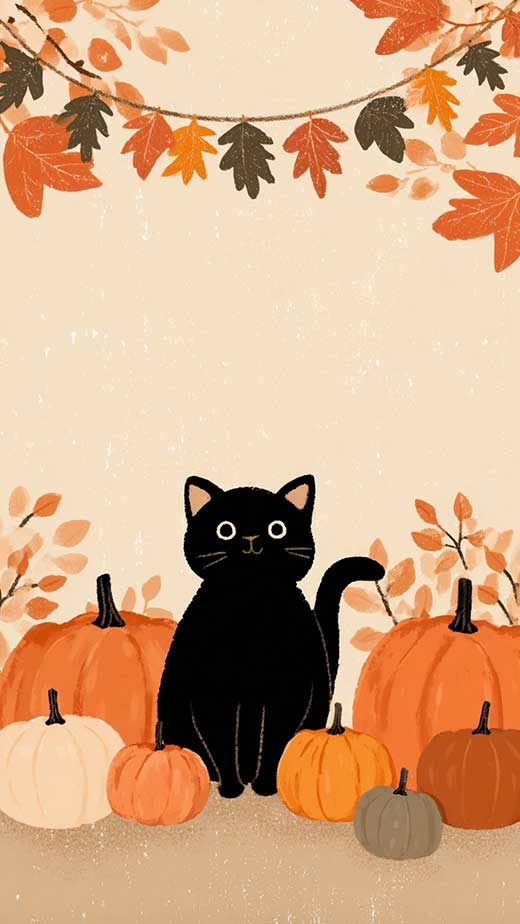 cute framed art black cat minimal simple witchy fall leaves wallpaper for iphone with pumpkin illustration