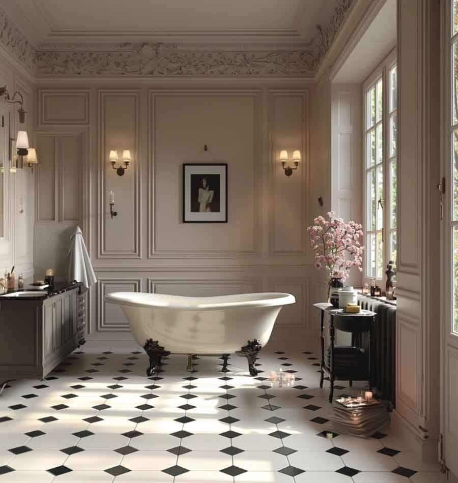 french parisian chic coquette black and white bathroom inspo