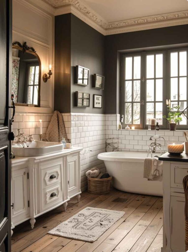 black and white parisian coquette bathroom with subway tiles